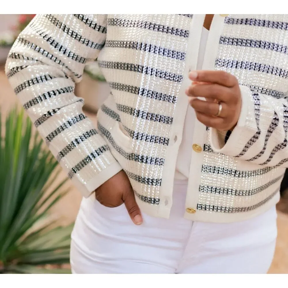 J. CREW Emilie Sweater Lady Jacket In Sequin Stripe Size Medium